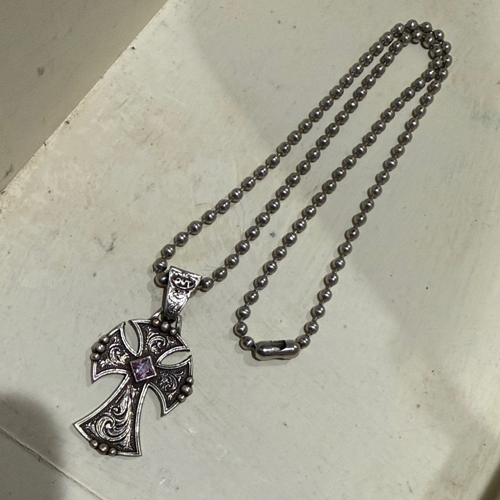 Silver Cross Pendant Necklace with Amethyst Accent